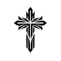 Bold, geometric black cross with a stylized, angular aesthetic set against a crisp white background. vector