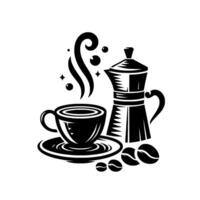 Monochrome coffee illustration steaming cup on saucer next to a moka pot, complemented by coffee beans and rising stylized steam, on a stark white background. vector