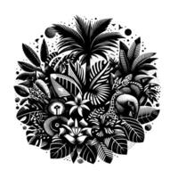 Detailed Black and White Circular Illustration Lush Tropical Scene with Giraffe, Elephant, Palm Trees, and Exotic Flora. vector