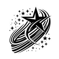 Black and White Illustration of a Starburst with Orbiting Swirls and Scattered Stars on a White Background. vector