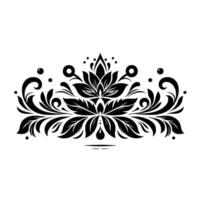 Symmetrical Black Floral Ornament with Leaves, Swirls, and Circular Accents, centered on White Backdrop vector