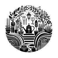 Detailed Black and White Circular Illustration Garden Scene with Tools, Plants, Teapot, Key, Lamp, and Geometric Design. vector