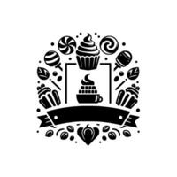 Black White Bakery Emblem Cupcakes, Sweets, and Ribbon. Delicious stylized confectionery for branding, design. vector
