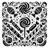 Ornate Black and White Composition CandyThemed Square Pattern with Swirls, Hearts, Stars, and Decorative Elements vector
