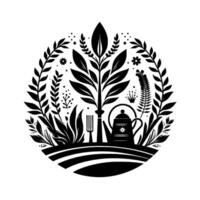 Black and white circular botanical featuring a central tree, tea pot, fork, and various leaves and floral elements. vector