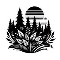 Silhouette Illustration of a Forest Scene with Coniferous Trees, Foliage, and a Partially Obscured Sun. vector