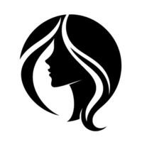 Silhouette of a womans profile, framed by a circular shape, featuring flowing hair and elegant curves. vector