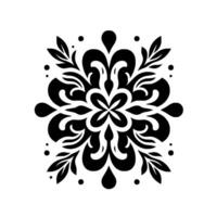 Symmetrical Black White Floral Mandala with Leaf Motifs, Dots, and Swirls, Isolated on White vector