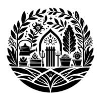Elegant black and white illustration of a stylized garden scene within a circular frame, featuring plants, a gate, and a teapot. vector