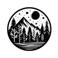 Stylized black and white circular illustration of a mountain range, forest, moon, and stars in a serene natural scene. vector