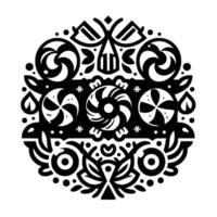Intricate Black and White Circular Composition Featuring Stylized Candies, Floral Elements, and Geometric Shapes. vector