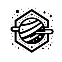 A monochrome, geometric illustration of a striped planet within a hexagonal frame, encircled by stars and dots, evoking a sense of cosmic wonder. vector