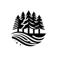 Stylized black and white minimalist illustration depicting a cluster of pine trees atop a stylized landscape of rolling hills or water waves, set against a solid white background. vector