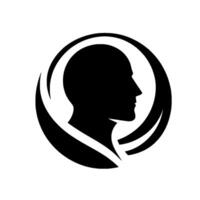 Silhouette of a Human Profile Enclosed within a Circular with Decorative Curved Elements, Black and White. vector