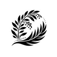 Elegant Black and White Floral Crest Stylized Leafy Branches, Berries, and Artistic Dots in a Symmetrical Circular Composition. vector