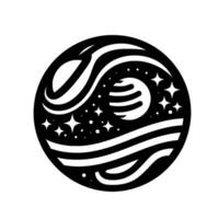 Stylized monochrome space scene within a circle, featuring a planet with striations, stars, and cosmic swirls. vector