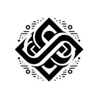 Black and White Geometric Knot within a Diamond Frame, Adorned with Dotted and Line Elements, Abstract Decorative Pattern. vector