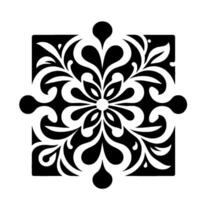 Ornate symmetrical black and white floral design, enclosed in a square frame, stylized, detailed patterns. vector