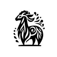 Stylized Black and White Alpaca Silhouette with Intricate Decorative Patterns and Floral Accents on a Clean White Backdrop. vector