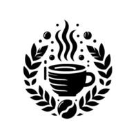 Elegant monochrome coffee emblem featuring a steaming mug, surrounded by a laurel wreath and scattered coffee beans and bubbles. vector