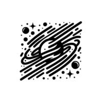 Minimalist Space Illustration Striped Planet with Rings, Stars, and Comets in a Geometric, Black and White Composition. vector