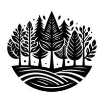 Stylized monochrome forest scene within an oval shape, featuring diverse trees on a ridged base, with illustrative aesthetic. vector