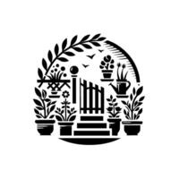 A stylized illustration of a garden scene within a circular frame, featuring a gate, steps, potted plants, and foliage elements, all rendered in a minimalist, black and white design, suggesting a tran vector