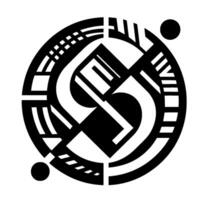 Abstract Black and White Geometric Circular Composition with Bold Lines, Negative Space, and Spherical Accents. vector