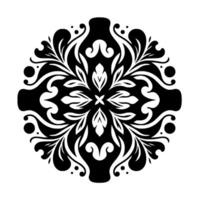 Symmetrical black and white floral mandala pattern with leaves, swirls, dots, and stylized shapes on a clean white background. vector