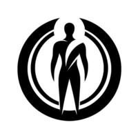 Minimalist Black and White Silhouette of a Person Within a Circle and Crescent, Symbolizing Balance and Energy. vector