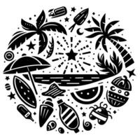 A circular black and white summer vacation illustration, featuring palm trees, beach elements, and festive icons within a starburst design. vector