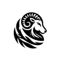 Black and White Minimalist Ram Head Design, Symmetrical Silhouette with Curved Horns and Stylized Features, Emblem on White. vector
