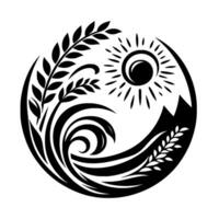 Stylized Yin Yang Symbol Wheat, Waves, Sun, and Mountain in a Circular Black and White vector