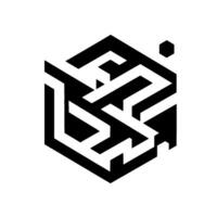 Abstract isometric cube with mazelike structure, contrasting black and white, featuring a small hexagonal element. vector