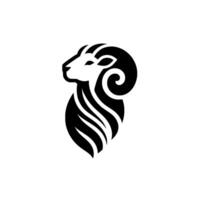 Minimalist Illustration of a Rams Head in Black and White, Emphasizing Curved Horn and Striated Mane Against White Background. vector