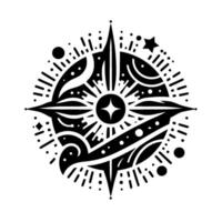 Intricate Black and White Starburst with Compass Elements, Dot Accents, and Celestial Symbolism on a White Background. vector