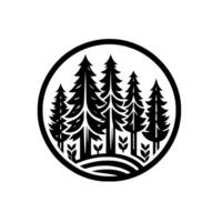 Minimalist black and white forest featuring stylized evergreen trees, bushes, and ground lines enclosed in a circular frame, evoking nature. vector