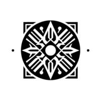 Symmetrical, Art Decoinspired, black and white geometric featuring a squareenclosed circle with radial, stylized arrowlike shapes emanating from a central white circle, and three smaller cir vector