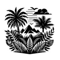 Monochrome tropical paradise art with palm trees, Mayan pyramids, and dense foliage under a stylized sky with birds and clouds. vector