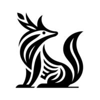 Minimalist Black and White Fox Icon, Seated in Profile, Featuring Striated and Decorative Foliage Elements. vector
