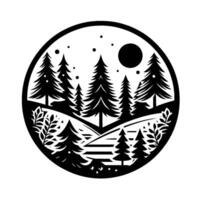 Silhouette of a serene pine forest landscape within a circular frame, stars and moon in a minimalist blackandwhite design. vector