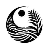 Yin Yang Symbol with Natural Elements Sun, Foliage, and Water in a Black and White Minimalist Design. vector