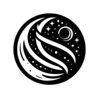 A symmetrical black and white circular logo, with a dark background displaying a moon, stars, and flowing white shapes. vector