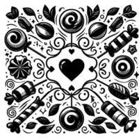 Intricate Black and White Candy Composition with Central Heart Motif and FloralSwirl Details. vector
