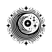 Stylized black white celestial illustration with crescent moon, stars, and swirling pattern inside a circular design. vector