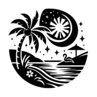 Stylized Black and White Silhouette of a Tropical Beach Scene Enclosed Within a Circle, Depicting Palm Tree, Flamingo, Moon, Stars, and Wave Patterns. vector