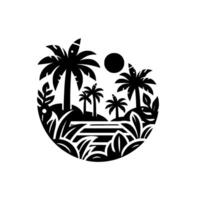 Stylized black and white tropical island scene with palm trees, sun, and water, contained within a circular frame, evoking tranquility. vector