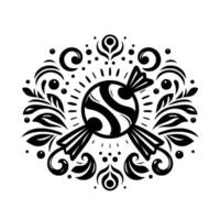 A black and white, ornamental illustration of a swirl candy with a sunburst effect and floral elements. vector