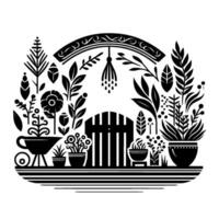 Serene black and white garden scene with a picket fence, plants, and flowers under an arched decorative frame. vector