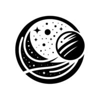 Celestial Black and White Emblem Crescent, Planet, and Stellar Dust within a Circular Frame, Reflecting Cosmic Harmony. vector